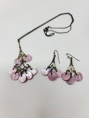Pink Mother of Pearl Disc Dangle Necklace Earrings Set NRT
